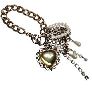 Gold Tone Multi Charm Bracelet Heart Faux Pearl Rhinestone Dangle mirror chain